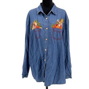 Vtg Bobbie Brooks Denim Shirt Womens‎ 22W 24W Autumn Harvest Embroidery Fall